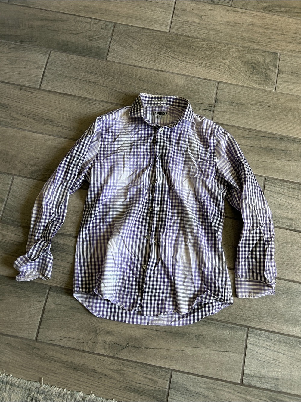 Express Men's Purple and White Gingham Button-Up Shirt